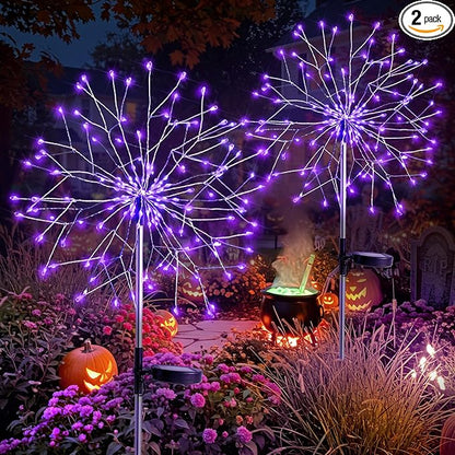 suddus 2 Pack Purple Halloween Lights Outdoor, 150LED Purple Solar Garden Lights with 8 Modes, Waterproof Solar Firework Light for Halloween Yard Garden Decorations