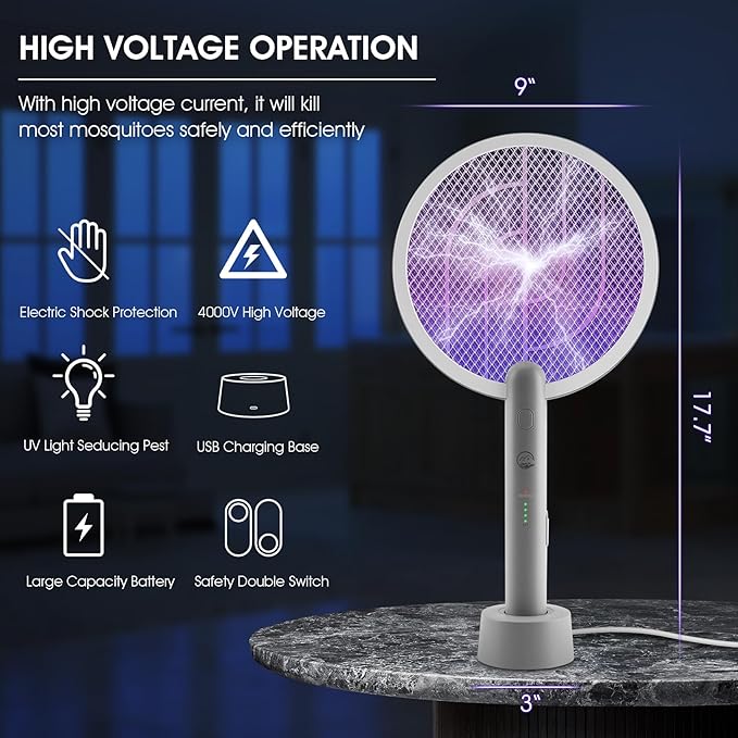 Electric Fly Swatter Racket, 2 in 1 Bug Zapper with USB Rechargeable Base, 4000 Volt Mosquito Killer with 3-Layer Safety Mesh for Pest Insect Control for Indoor、Office、Backyard、Camping（Gray-2 Pack）