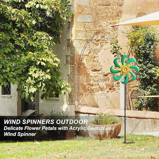 Flower Outdoor Metal Wind Spinner, Single-Layer Kinetic Garden Art with Vibrant Green Finish - Weatherproof Wind Sculpture for Lawn, Patio, Yard Decor - 10''W x 36''H
