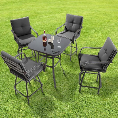 Patio Swivel Bar Stools, Outdoor High Back Swivel Bar Chair Set of 4 with Cushion & All Weather Steel Frame for Backyard, Lawn, Poolside and Balcony, Dark Gray