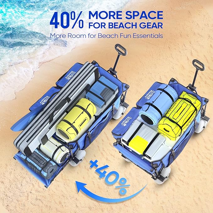 Beach Wagon with Big Wheels for Sand, 9" All-Terrain Balloon Wheels, Heavy Duty Folding Beach Cart 450lb Load, 260L Large Capacity Utility Wagon for Outdoor Sports (Dark Blue)