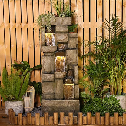Garden Outdoor Water Fountain, 56.3" H 3-Tiered Imitation Rock Waterfall Fountain with LED Lights and Pumps for Garden, Patio, Backyard, Deck, Porch and Home Art Decor