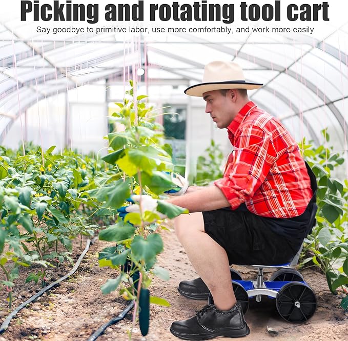 Rolling Garden Cart with Seat, Adjustable 360° Swivel Garden Stool with Wheels, Outdoor Lawn Yard Rolling Work Seat, Patio Scooter on Wheels for Lawn Yard Planting (Blue)