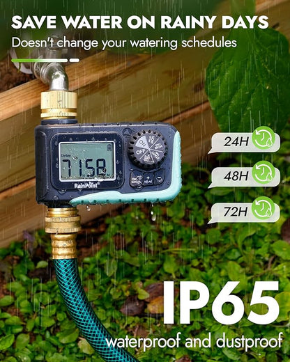 RAINPOINT Sprinkler Timer with Brass Inlet & Outlet, Programmable Hose Timer for Garden Soaker Hose with Rain Delay/Manual Watering System, Digital Drip Irrigation for Yard, Lawn(2PCS)