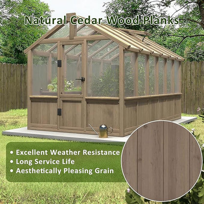 Greenhouse for Outdoor, 6x8ft-8x12ft Wooden WAK-in Greenhouse Kitwith 6MM Thick Polycarbonate Panel, Lockable Door & Adjustable Roof Vent ，Backyard Garden ﻿ (Light Mocha Brown, 8*12FT)