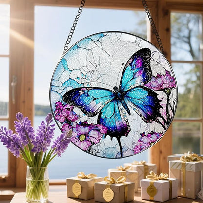 8 Inch Stained Glass Suncatcher Ornament, DOUHASU Butterfly Sun Catchers Indoor Window, Stained Glass Window Hanging, Home Decor, Butterfly Lovers Gifts for Her, Women, Mom, Grandma, Friend