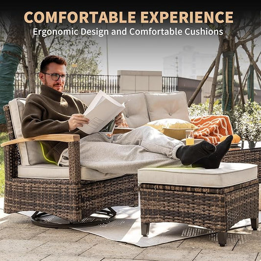 MEISSALIVVE 7 Pieces Patio Furniture Sets,PE Wicker Outdoor Furniture Conversation Sets with 2 Wood Armrests Swivel Rocker Chairs, 2 Ottoman, 3-seat Sofa and Coffee Table(Brown)