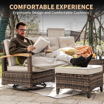 MEISSALIVVE 9 Pieces Outdoor Patio Furniture Sets,PE Wicker Patio Conversation Sets with 2 Wood Armrests Swivel Rocker Chairs,2 Single Chairs, 2-seat Sofa and Coffee Table(Brown)
