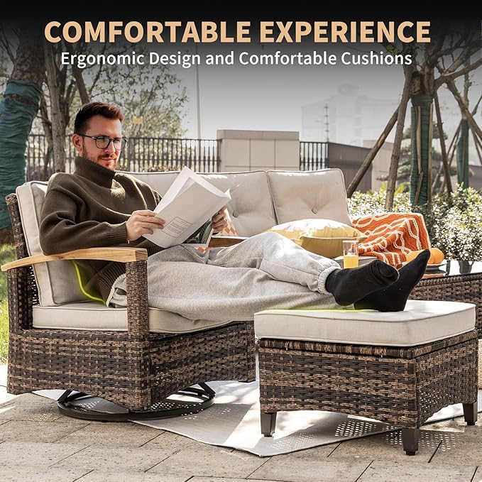 MEISSALIVVE 8 Pieces Patio Furniture Sets, PE Wicker Outdoor Conversation Sets with 2 Wood Armrests Swivel Rocker Chairs, 2 Ottomans, 2 Sofas and Coffee Table(Brown)