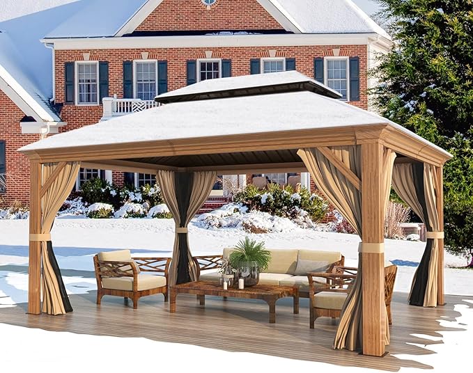MELLCOM 12'x14' Wood Looking Hardtop Gazebo, Aluminum Frame and Galvanized Steel Double Roof, Metal Outdoor Gazebo with Curtains and Nettings for Deck Backyard and Patio