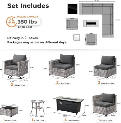 ovios 10 Pieces Patio Furniture Set, Outdoor Wicker Sectional Sofa with 54" Fire Pit Table Swivel Chairs, Modern Modular Deep Seat Rattan Couch Conversation Sets, Black