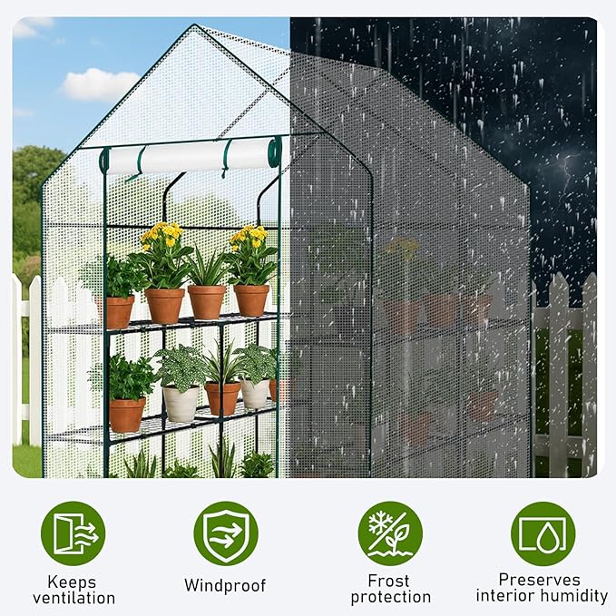 Outvita Walk-in Greenhouse, Outdoor Durable PE Plant Green House for Frost Protection with 3 Tiers 8 Shelves, Shelf Clips, Roll-up Zipper Door, 56"x56"x77" White