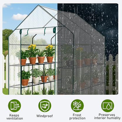 Outvita Walk-in Greenhouse, Outdoor Durable PE Plant Green House for Frost Protection with 3 Tiers 8 Shelves, Shelf Clips, Roll-up Zipper Door, 56"x56"x77" White