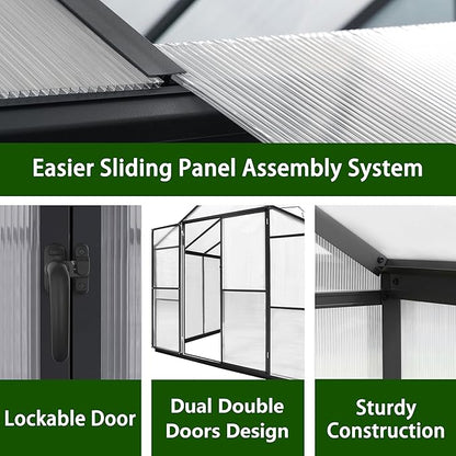 MUPATER 8 x 8 FT Outdoor Polycarbonate Greenhouse Kit with Sliding Lockable Door, Walk-in Backyard Green House with Aluminum Frame & Adjustable Roof Vent for Outdoor, Gray