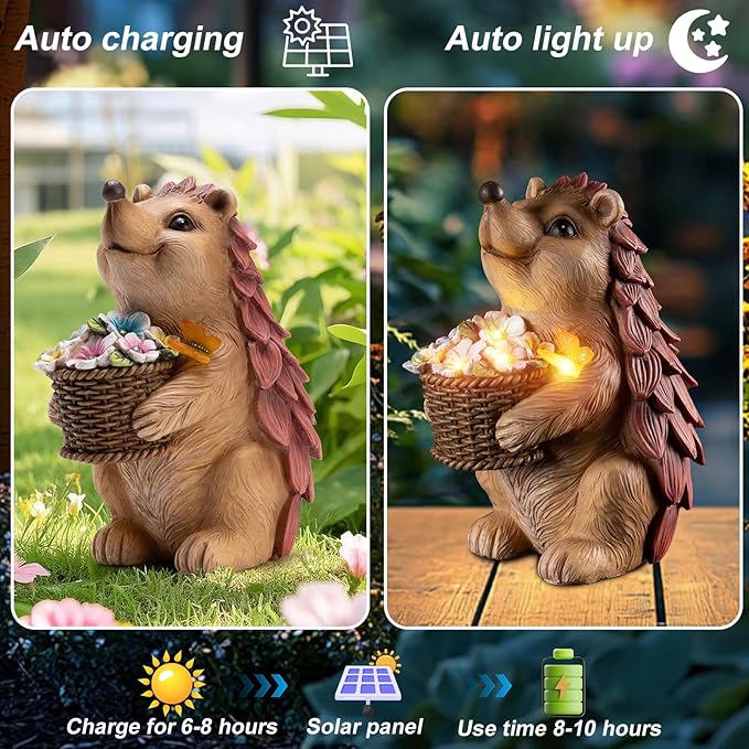 Frog Garden Statue with Solar Lantern (Hedgehog)