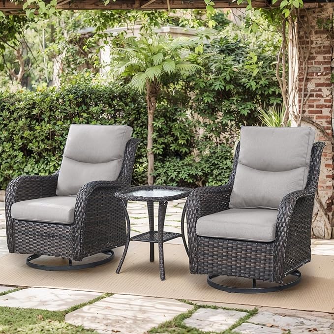 Patio Luxury Conversation Set 6PCS Resin Wicker Swivel Chairs Set, 4 Swivel Patio Chairs with Rattan Side Table and 30in Square Wicker Fire Table Set Brown Wicker|Beige Cushions