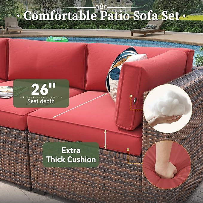 Aoxun 8 Piece Patio Furniture Set with 44” Fire Pit Table Wicker Rattan Outdoor Sectional Sofa Set with Coffee Table and Thickened Cushions, Red (Waterproof Cover Included)