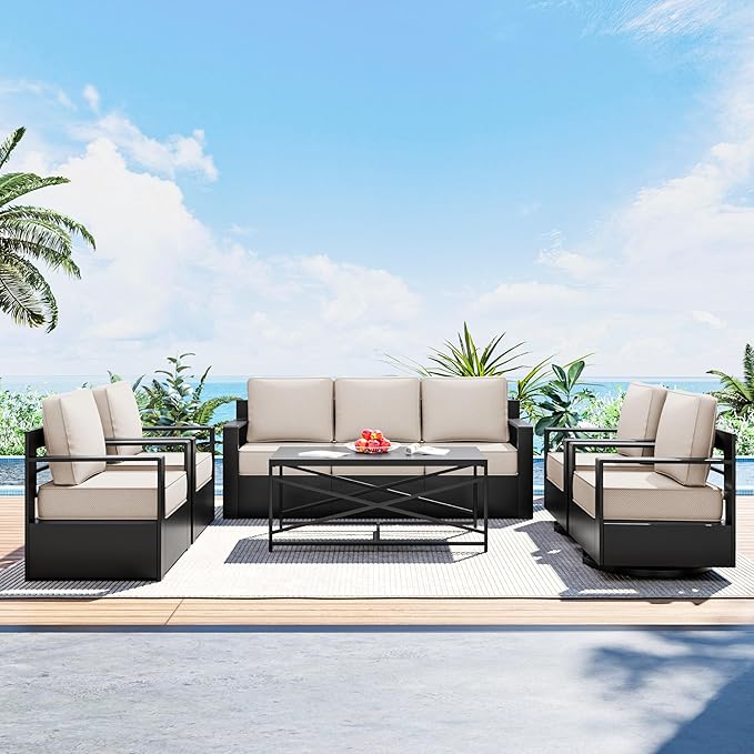 Outdoor Patio Furniture Set, 6-Piece Aluminum Patio Conversation Set All-Weather Metal Outdoor Sectional with 6 Inch Thick Cushions, Deep Setting for Garden, Outside and Porch