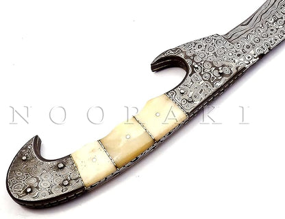 Nooraki MK-2007 Handmade Damascus Steel Fixed Blade Machete/Kukri Knife with Leather Sheath, Full Tang Multipurpose Knife with Camel Bone Handle for Hunting, Hiking, Camping, Survival, 18" Length