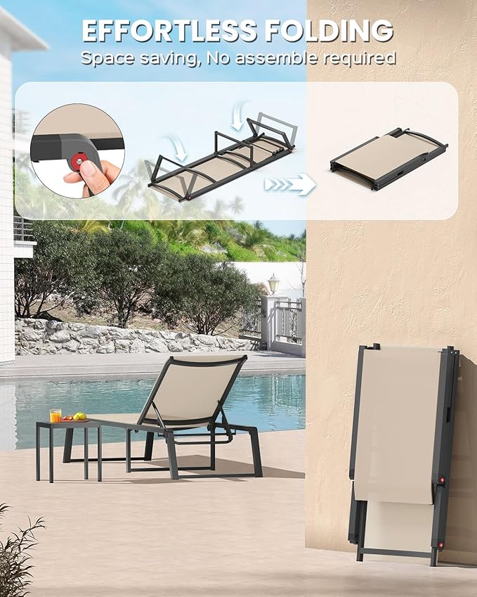 Aluminum Chaise Lounge Chair Outdoor, Foldable & Assembly Free Patio Pool Lounge Chairs 5-Position Recliner for Outside Poolside, Fully Grounded Legs Sun Lounger for Beach, Yard, Khaki