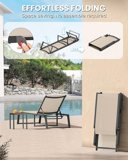 Aluminum Chaise Lounge Chair Outdoor, Foldable & Assembly Free Patio Pool Lounge Chairs 5-Position Recliner for Outside Poolside, Fully Grounded Legs Sun Lounger for Beach, Yard, Khaki