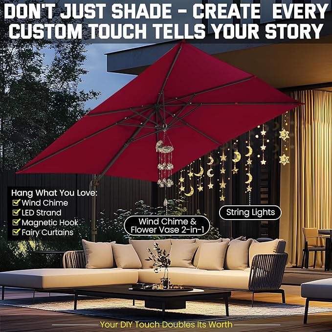 Hotime 10ft Cantilever Umbrella Outdoor Patio Umbrella Windproof Heavy Duty Double Top Offset Patio Umbrella Cantilever Pool Umbrella with 360°Rotation for Garden Deck Pool, Wine Red