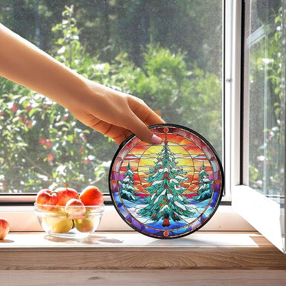 kdqua Christmas Tree Suncatcher Stained Glass Window Hanging, Winter Xmas Tree Sun Catchers Indoor Window Glass Round Wall Decor, Wall Art Hanging Decorations Statues, 7.9x7.9in