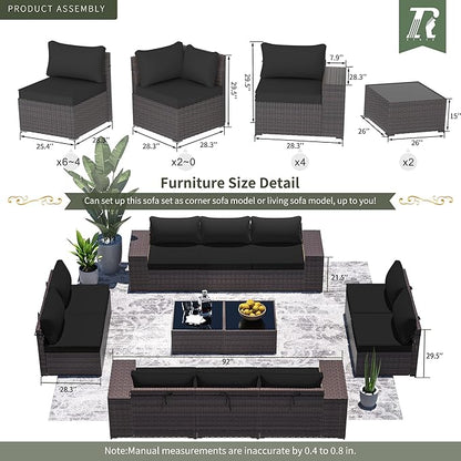 Outdoor Patio Furniture Set, 12 Pieces Outdoor Furniture All Weather Patio Sectional Sofa PE Wicker Modular Conversation Sets with Coffee Table,10 Chairs & Seat Clips(Black)