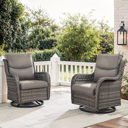 Patio Swivel Chair Set of 2, Resin Wicker Swivel Patio Glider Chairs with Smile-Shaped Cushions, High Back Luxury Swivel Patio Glider Chairs for Outdoor, Brown Wicker|Grey Cushions