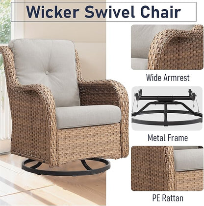 6 Pieces Patio Furniture Set with Fire Pit Table, Wicker Rattan Outdoor Furniture Set with Loveseat and Swivel Chairs for Yard, Deck, Garden, Yellow Wicker/Beige Cushion