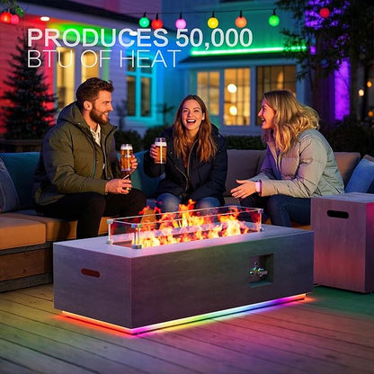 42" Outdoor Fire Pit Table, 50,000 BTU Gas Fire Pit with Glass Wind Guard, Fire Stones, Waterproof Cover, Propane Fire Pit Table for Outside Patio (RGB Light, Brown)