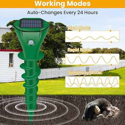 Mole Repellent Solar Powered Ultrasonic,4 Pack Gopher Repellent Outdoor for Lawn Garden Yard,Waterproof Mole Killer Traps,Sonic Spikes Get Rid of All Pests Gopher Vole Groundhog Chipmunk Snake-Green