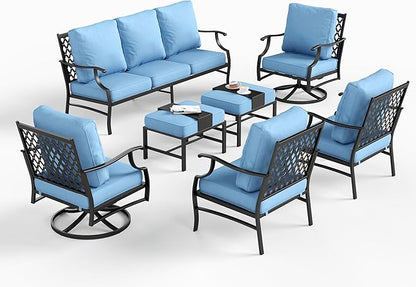 7 Piece Metal Outdoor Patio Furniture Set, Patio Conversation Sets 1 3-seater Sofa, 2 Fixed Chairs, 2 Swivel Chairs, 2 Ottomans with 5.75" Thick Cushion, Black Backyard Furniture, Blue