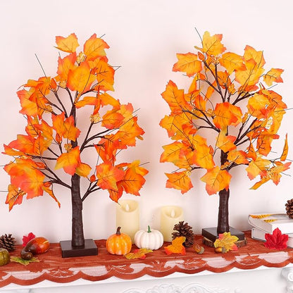 2 Pack 24 Inch Artificial Lighted Fall Maple Tree Thanksgiving Decorations with 48 LEDs Battery Operated Timer Prelit Acorn Maple Tree Lights for Thanksgiving Table Decor Home Indoor Autumn Harvest
