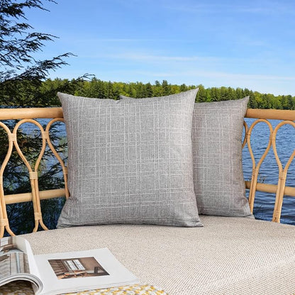 Kevin Textile Pack of 2 Outdoor Waterproof Pillow Covers Throw Pillow Covers Decorative Pillowcases Checkered Weaving Linen Pillow Cases for Sofa Couch Patio Garden 24x24 Inch Grey
