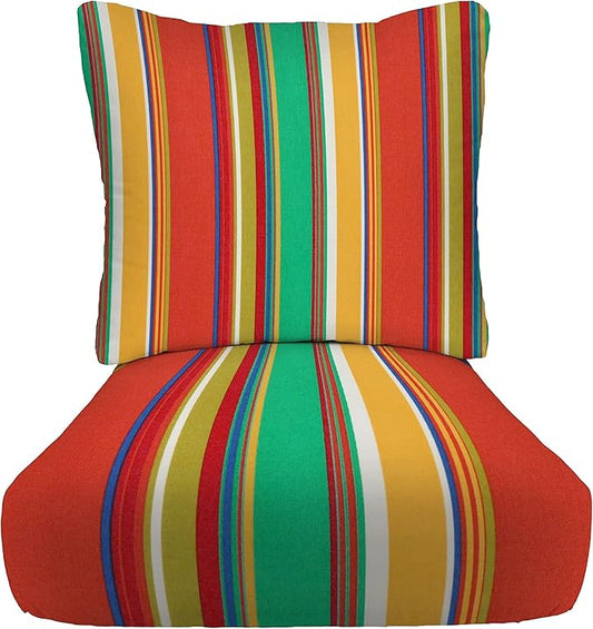 RSH DECOR Deep Seating Cushion with Pillow Back | 23.5” x 25” x 5" Seat | Water and Fade-Resistant Spun Fabric | Made in USA | Outdoor Chair Cushion Set for Patio Furniture (Bright Colorful Stripe)