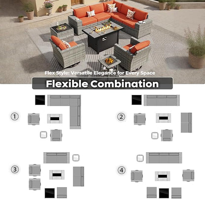 ovios 10 Pieces Patio Furniture Set, Outdoor Wicker Sectional Sofa with 42" Fire Pit Table Swivel Chairs, Modern Modular Deep Seat Rattan Couch Conversation Sets, Orange Red