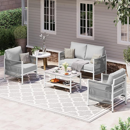 Aluminum Outdoor Patio Furniture Set, HDPE Rope 4 Piece Modern Sectional Conversation Sets with Dual-Layer Coffee Table, All Weather Patio Couch Sofa with Thick Cushions, White Frame, White