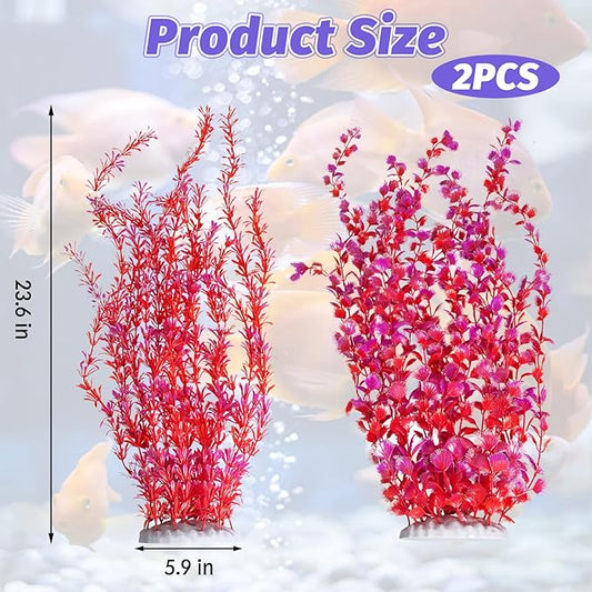 Hamiledyi Aquarium Plastic Plants Aquarium Decor Artificial Fish Tank Plants,Tall Fish Tank Decorations, Extra Large Aquarium Plant 23.6-inch Tall,2PCS（Red）