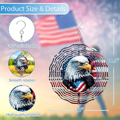 3D American Flag Eagle Wind Spinner 10 Inch Stainless Steel Kinetic Art Patriotic Hanging Decoration for Indoor and Outdoor Spaces