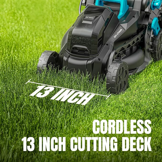 Electric Lawn Mower with Brushless Motor, 20V 13.2 inch Cordless Lawn Mower with 5-Position Cutting Height Adjustment, 2x4.0Ah Battery and Charger Included
