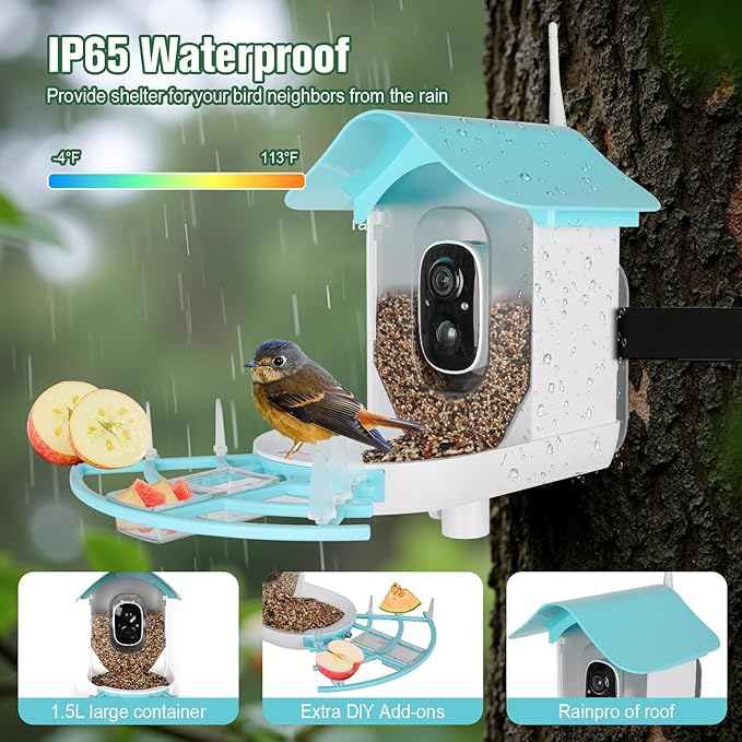 Bird Feeder with Camera, AI Identify Birds Species Solar Powered, Auto Record Videos in Backyard, Instant Notifications, Ideal Gift for Family and Bird Lovers