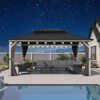 PURPLE LEAF 12' X 16' Outdoor Gazebo Hardtop Metal Roof White Aluminum Frame Grill Gazebos with Curtain and Netting for Patio, Garden and Backyard, Grey