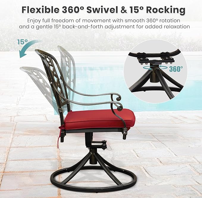 Set of 4 Cast Aluminum Patio Chairs with Cushions, All-Weather Aluminum Outdoor Swivel Chairs, Metal Outdoor Rocking Chairs for Backyard, Poolside and Bistro (Red, 4 Pieces)