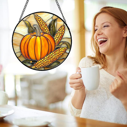 Stained Glass Window Hanging Autumn Harvest Pumpkin Corn 6.3" - Suncatcher Door Garden Kitchen Sunroom Sun Catcher Fall Home Decor Birthday for Mom Grandma Men Woman
