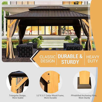 Domi 12' X 16' Wood Gazebo, Cedar Frame Hardtop Gazebo with Galvanized Steel Double Roof, Netting & Curtains, Patio Pergola Pavilion for Patio, Backyard, Deck, Lawns