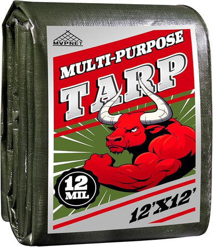 Green/Silver Heavy Duty Waterproof Tarp 12x12FT, 12mil Thick，Multifunctional tarp Whit Tear&Fade Resistant,UV Resistant,with Grommets and Reinforced Edges.