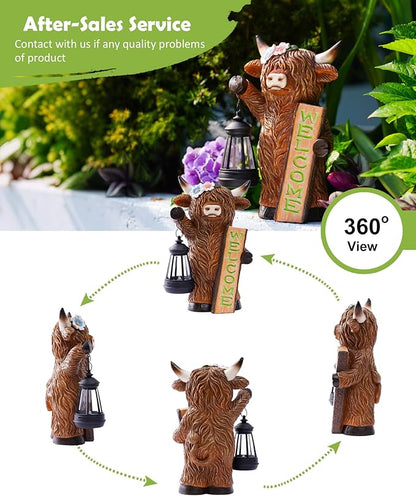Nacome Highland Cow Garden Statue for Decor: Outdoor Sculpture with Solar Lantern and Welcome Sign for Outside Ornament Yard Art Lawn Porch Patio Balcony - Birthday Gifts for Women Mom(Brown)