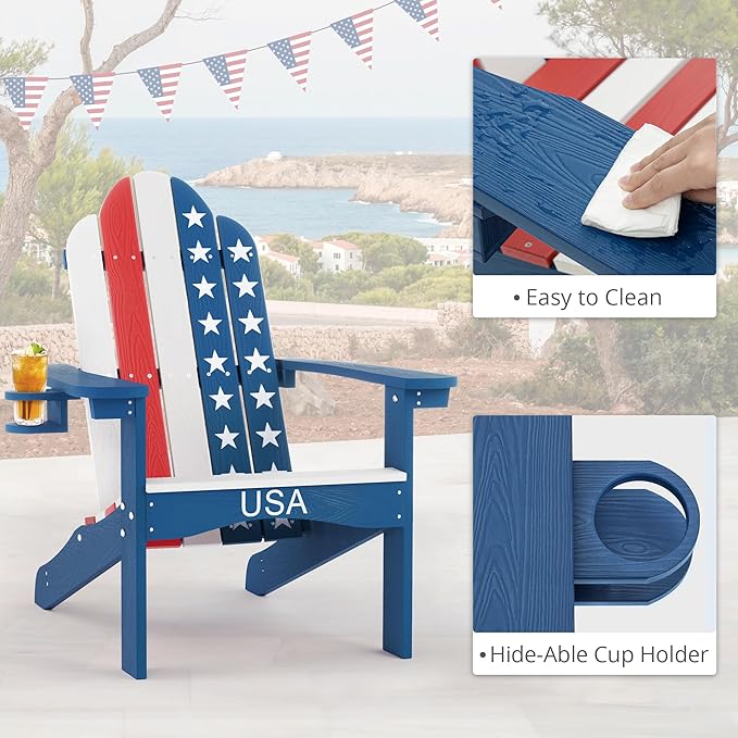 LUE BONA HDPS Adirondack Chairs, Fire Pit Outdoor Chair Weather Resistant with Cup Holder, Modern Plastic Chair Plastic for Patio, Deck, Proch, 350LBS, Flag Blue