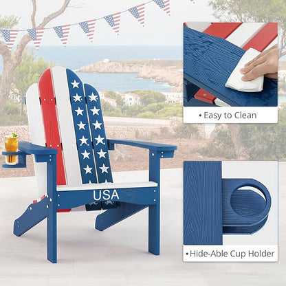 LUE BONA HDPS Adirondack Chairs, Fire Pit Outdoor Chair Weather Resistant with Cup Holder, Modern Plastic Chair Plastic for Patio, Deck, Proch, 350LBS, Flag Blue